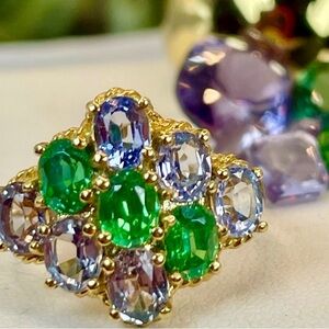 Clearance‼️Tsavorite & Alexandritre 4.62ct Silver Ring 925  14k yellow Gold